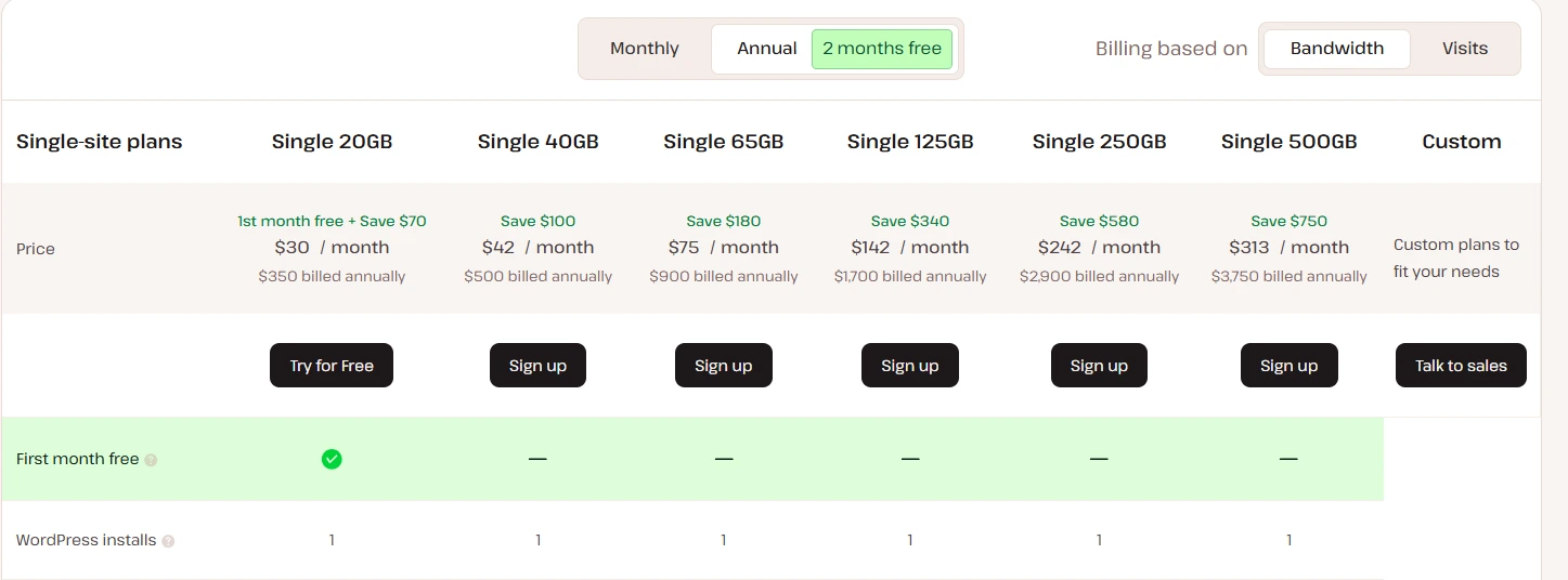 Pricing table of Kinsta single-site hosting plans showing monthly and annual options, storage, bandwidth, SSL, backups, and included features