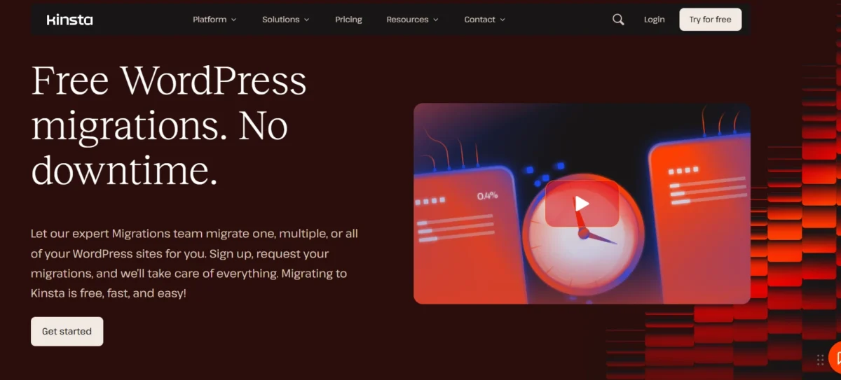 Kinsta webpage showing free WordPress migration service with no downtime and a speed-focused illustration