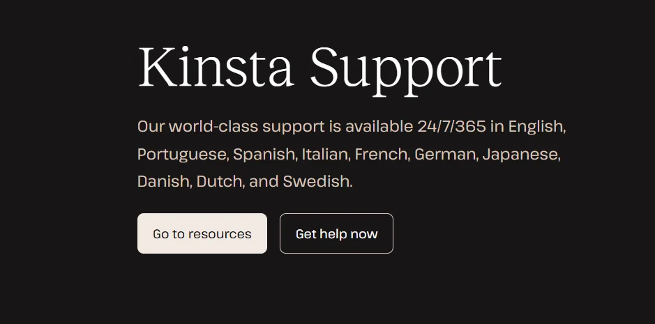 Kinsta support section showing 24/7 customer service available in multiple languages