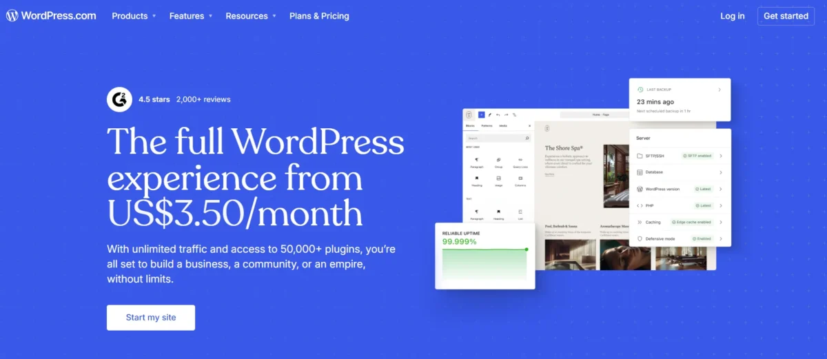 WordPress.com homepage showing pricing from $3.50 per month and website builder features