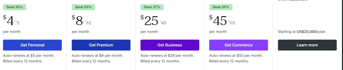 I’m comparing WordPress.com pricing plans, including Personal, Premium, Business, and Commerce