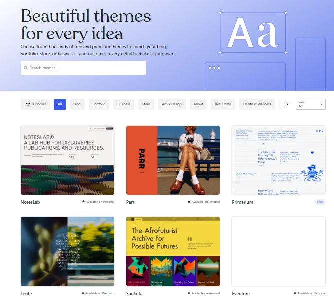 I’m browsing WordPress.com themes designed for blogs, portfolios, stores, and business websites