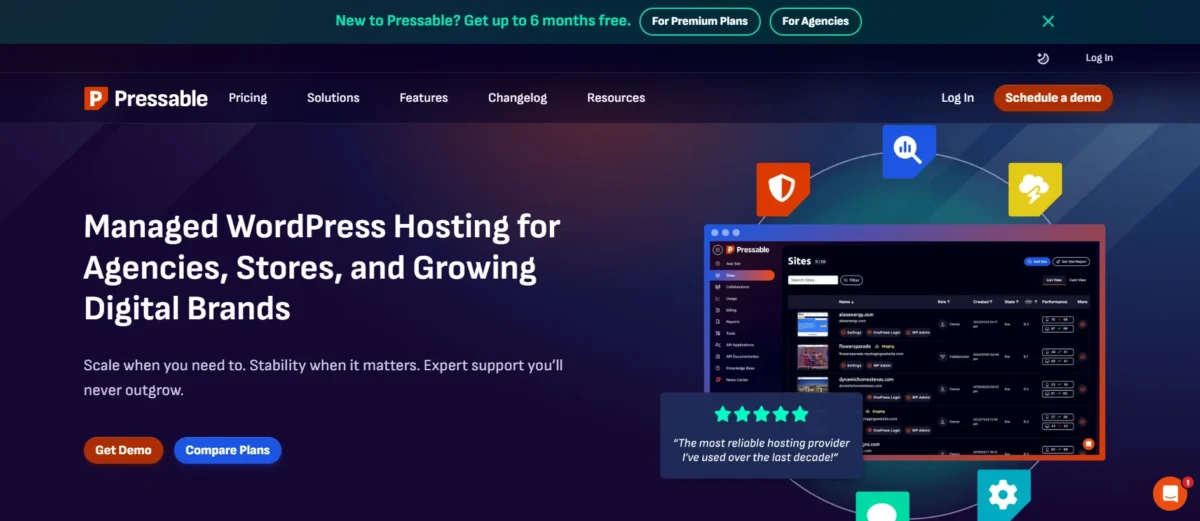 Pressable dashboard showing managed WordPress hosting features for agencies and online stores