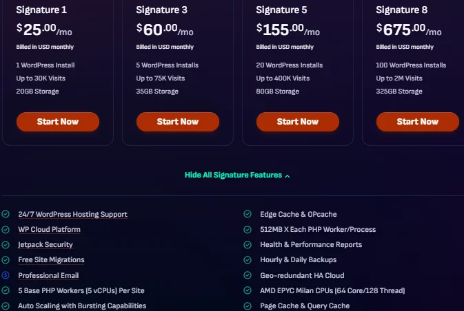 Pressable WordPress hosting pricing plans showing Signature 1, 3, 5, and 8 tiers