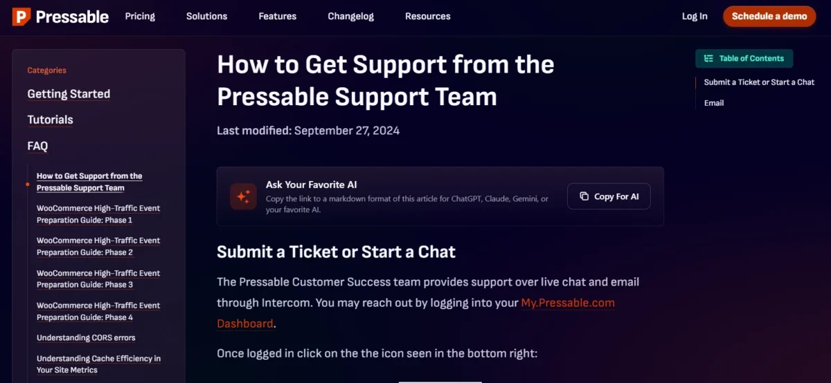 Screenshot of the Pressable support page showing how users can submit a ticket or start a live chat from the dashboard