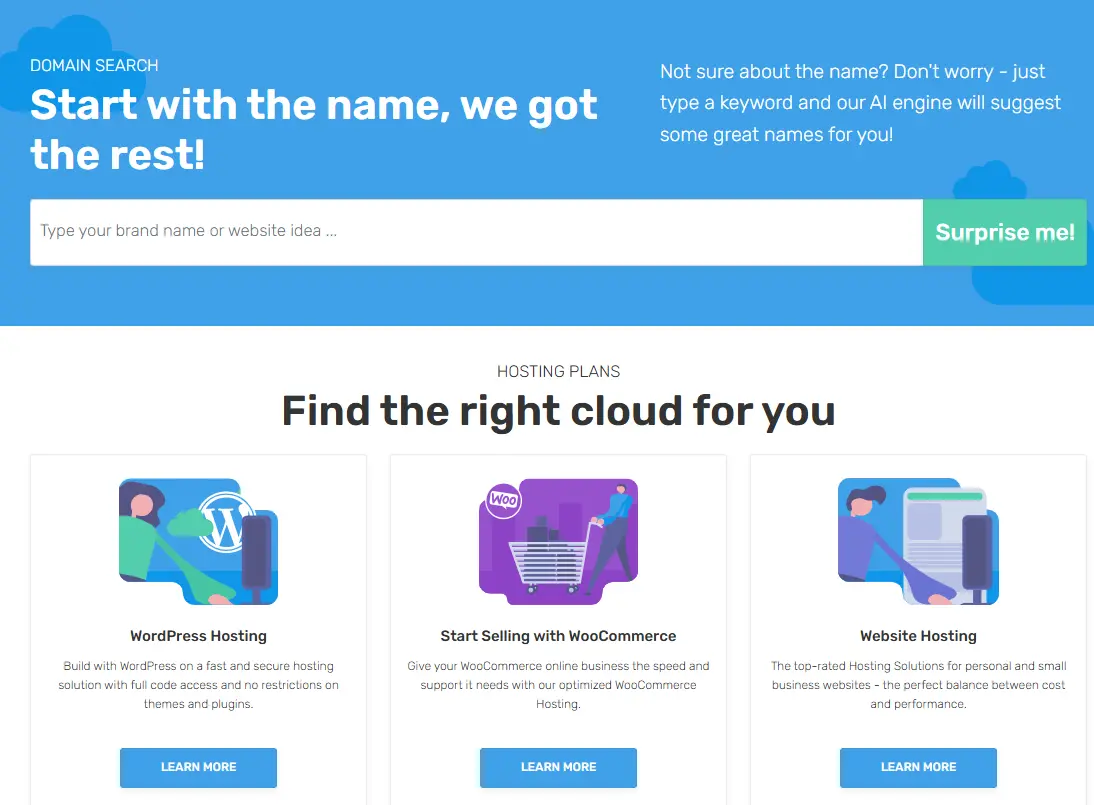 FastComet cloud hosting plans interface showing WordPress hosting, WooCommerce hosting, and website hosting options