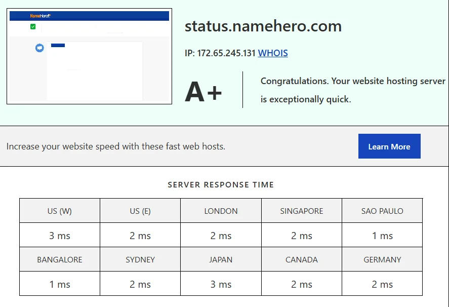 NameHero server response test with A+ rating and very fast response times