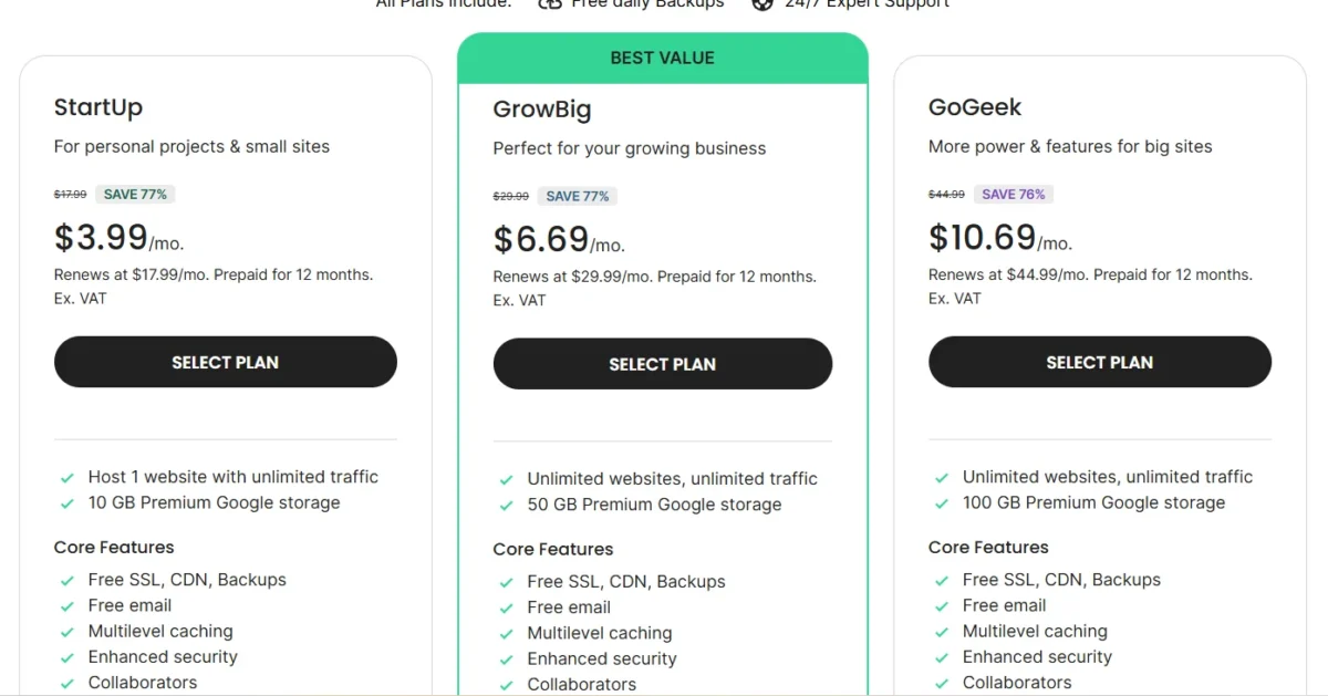 SiteGround pricing table showing StartUp, GrowBig, and GoGeek hosting plans