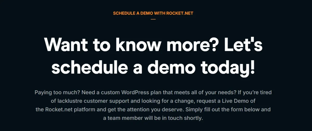 Rocket.net demo booking banner with bold heading