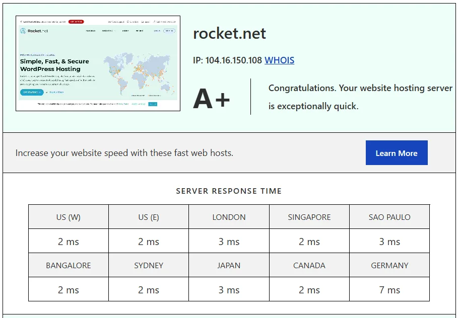 Rocket.net fast hosting global speed test results