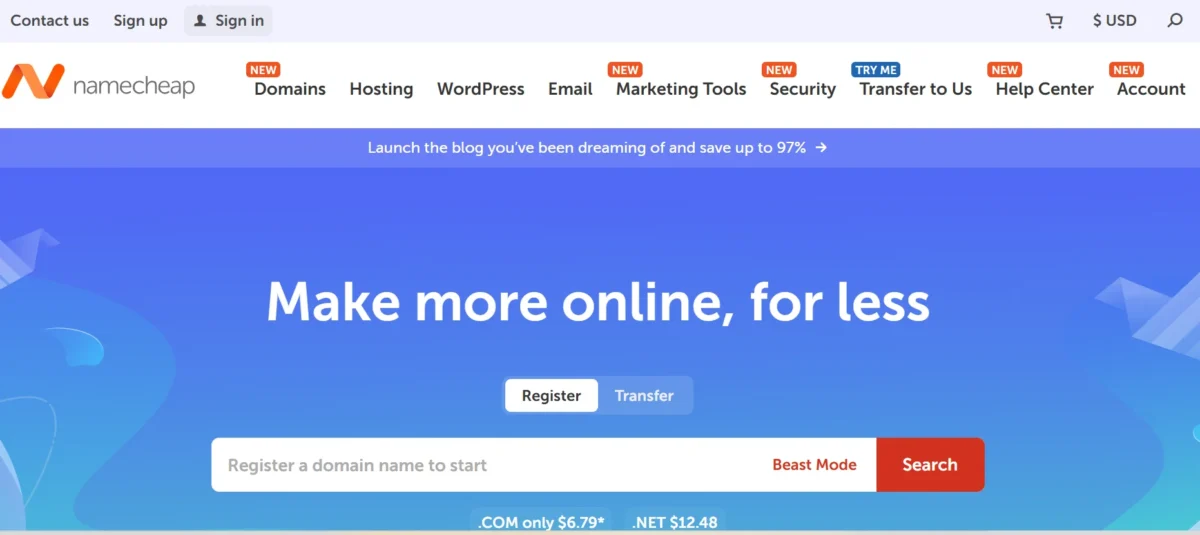 Namecheap, Make more online, for less Banner PVYEmpire