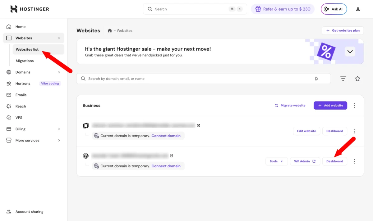 Managing Websites in hPanel - hostinger