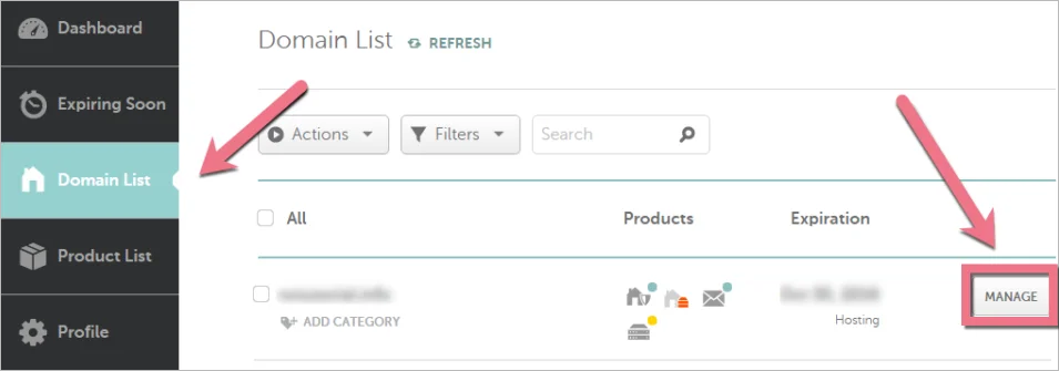 Domain List with Manage button highlighted